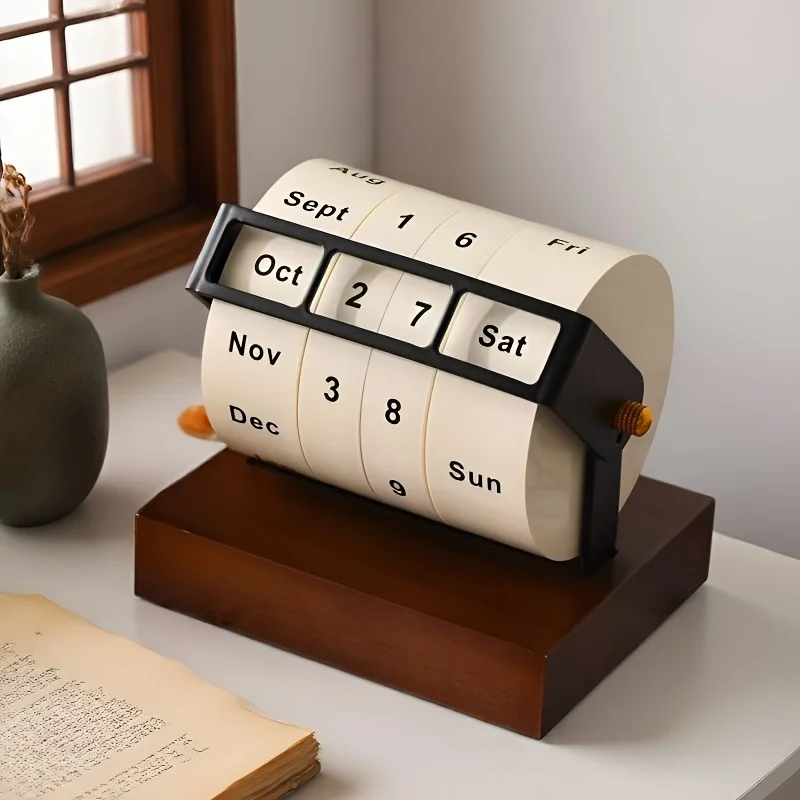 Retro Flip Calendar Figurine Wooden Base Perfect for Desktop Decor Office Study Room Creative Clock Practical Decorative Item