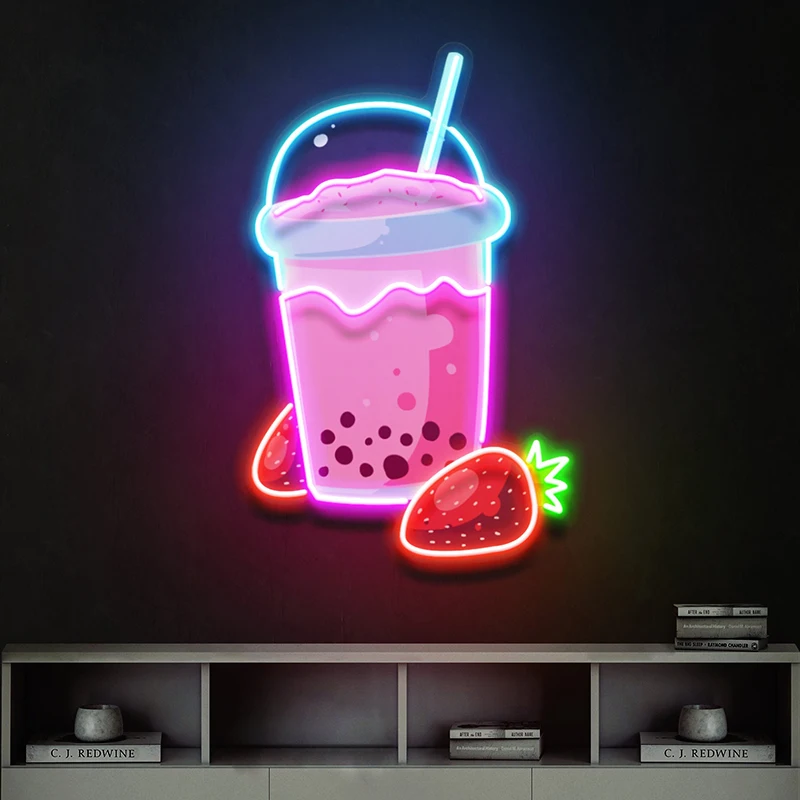 Boba Milk Tea Neon Sign Strawberry Boba Shop Signs Custom Bubble Tea Neon Light Coffee Sweet Store Wall Art Decor Led Lights