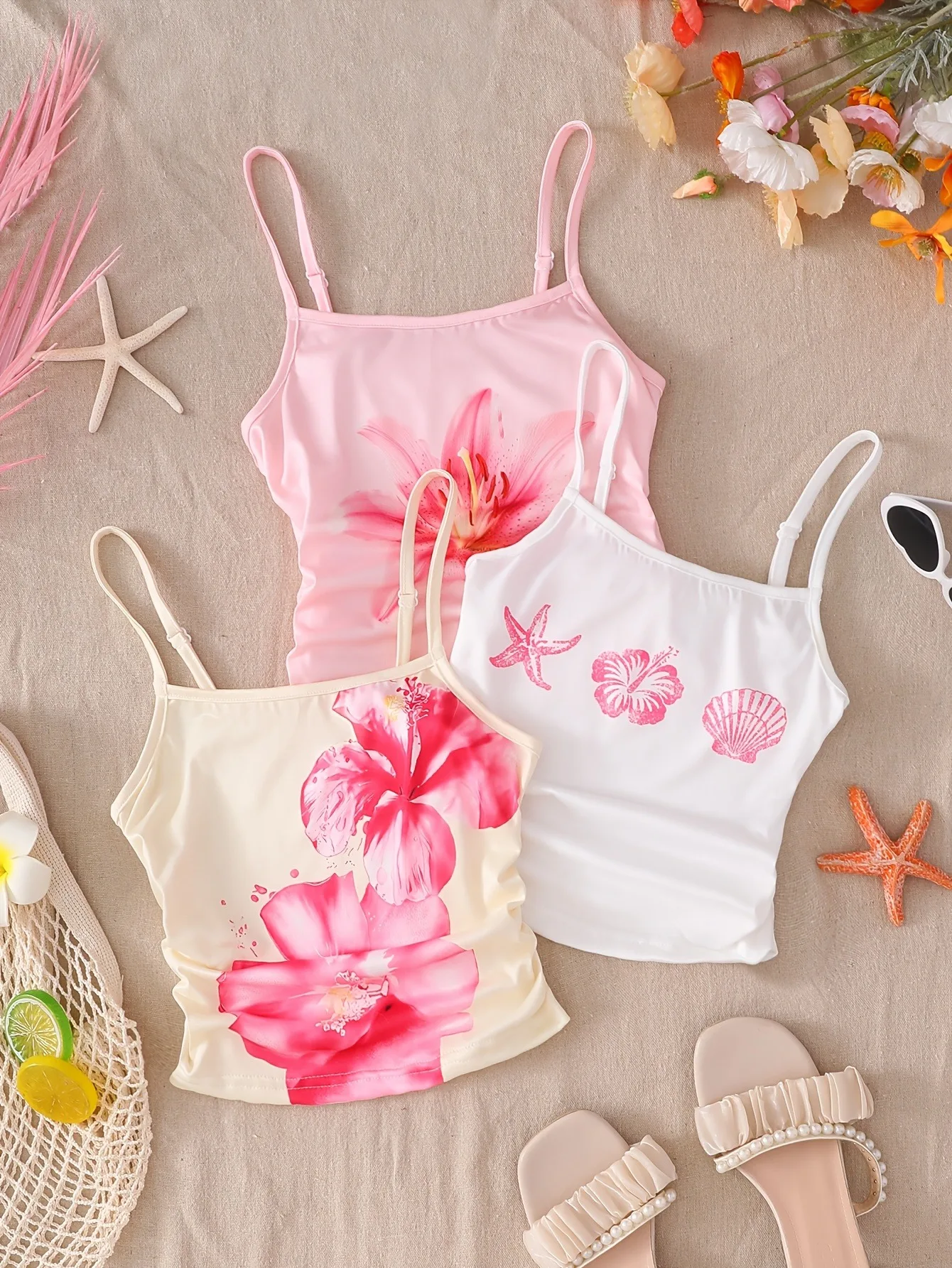 Ensemble de 3 camisoles confortables pour filles, imprimé floral tropical et coquillages, hauts à bretelles fines froncées sur les côtés, pour l'extérieur et la piscine