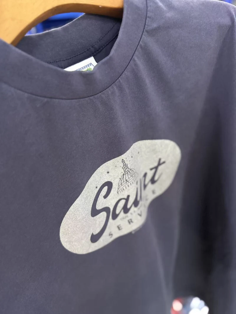 SAINT American Vintage Tshirts Washed Chest Oval Letter Printed Short Sleeved T-shirt for Men Women Graphic T Shirts