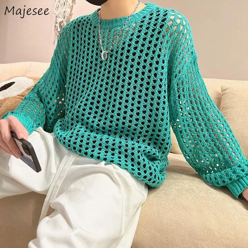 

Pullovers Men 6 Colors Soft Hollow Out Design Knitted Casual Baggy Sweater All-match Harajuku Streetwear Fashion Handsome Jumper