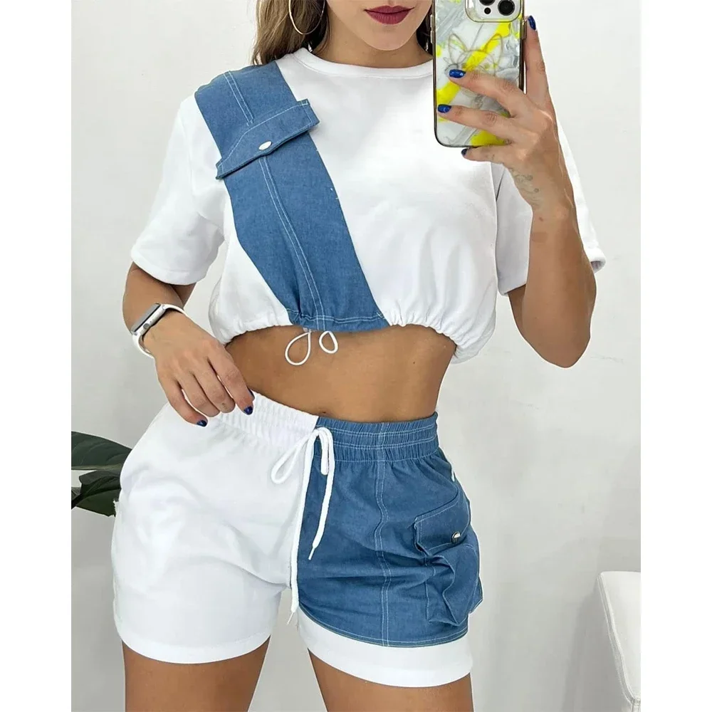 Zomer Casual Dames Colorblock Denim Patch O-hals Korte mouw Ctop Top & Trekkoord Shorts Set Tweedelige pakset Outfits