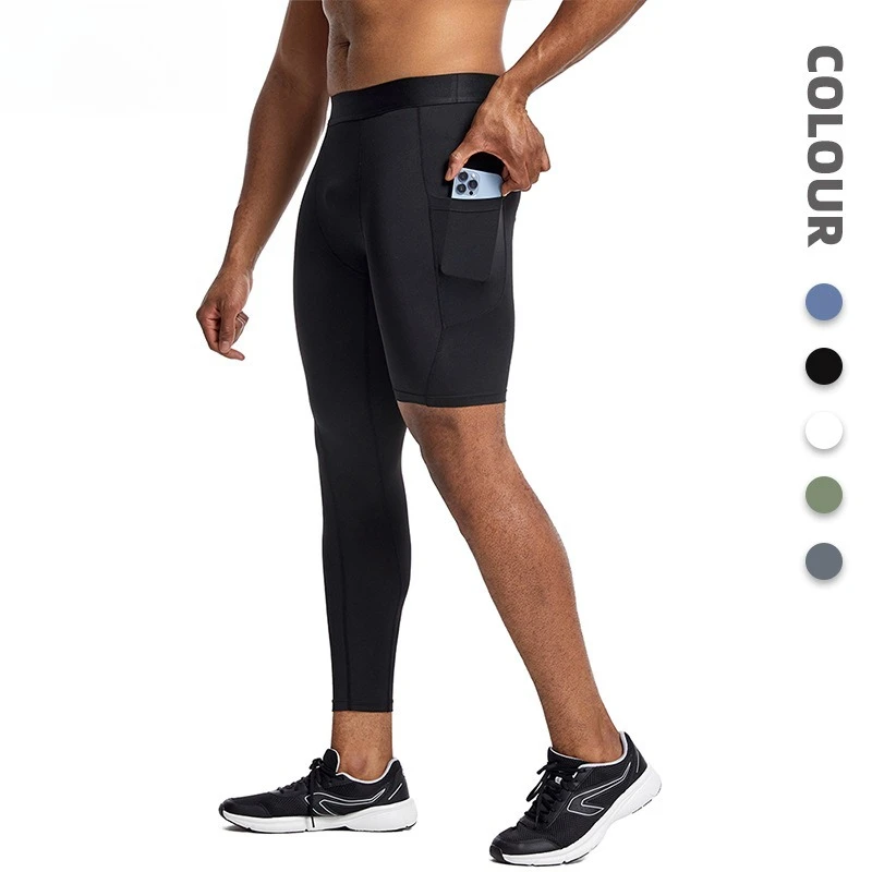 High Performance Men's Sports Leggings for Running and Training with Side Pocket, Nylon Spandex Compression Running Tights