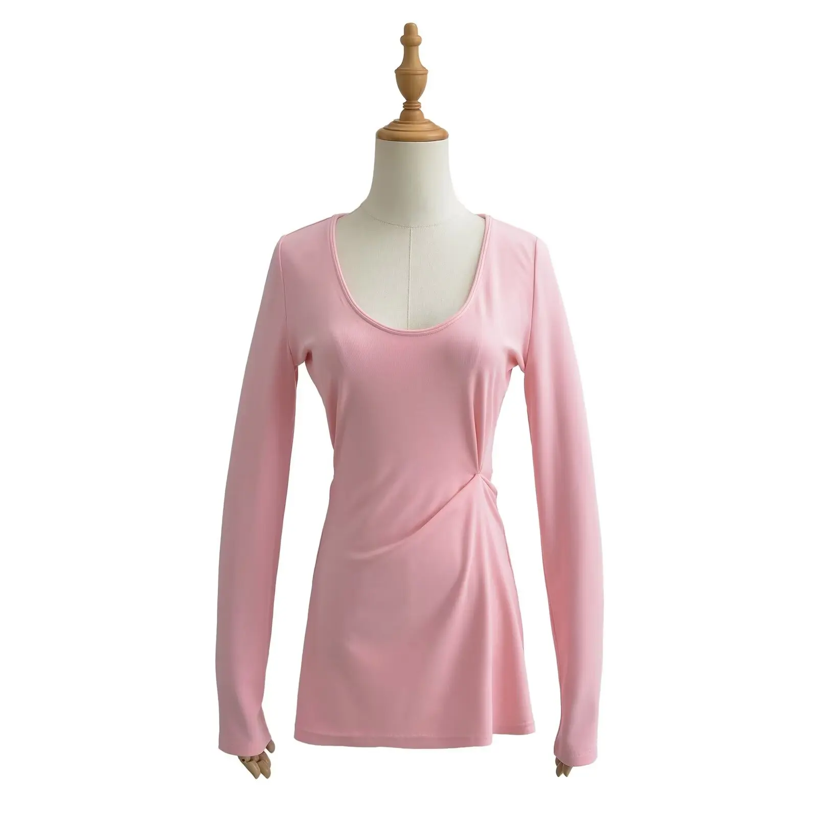 スリムフィット長袖Tシャツ レディース ラジースタイル 日よけカバーアップトップ Uネック プリーツ コットン 春夏ファッション キュートスタイル