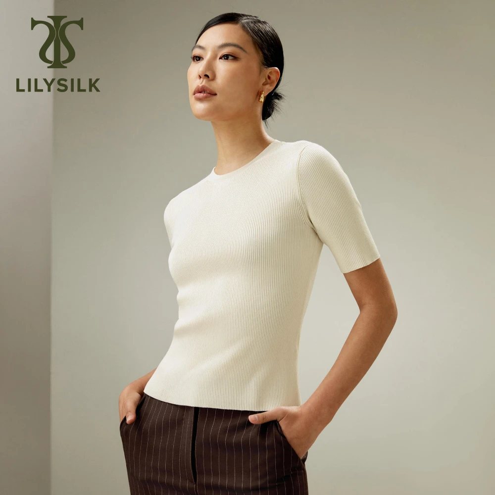 LILYSILK Women's Essential Machine Washable Spun Silk Knit Top Ladies Fine Ribbed-knit Tee with Crew neck and Short Sleeves