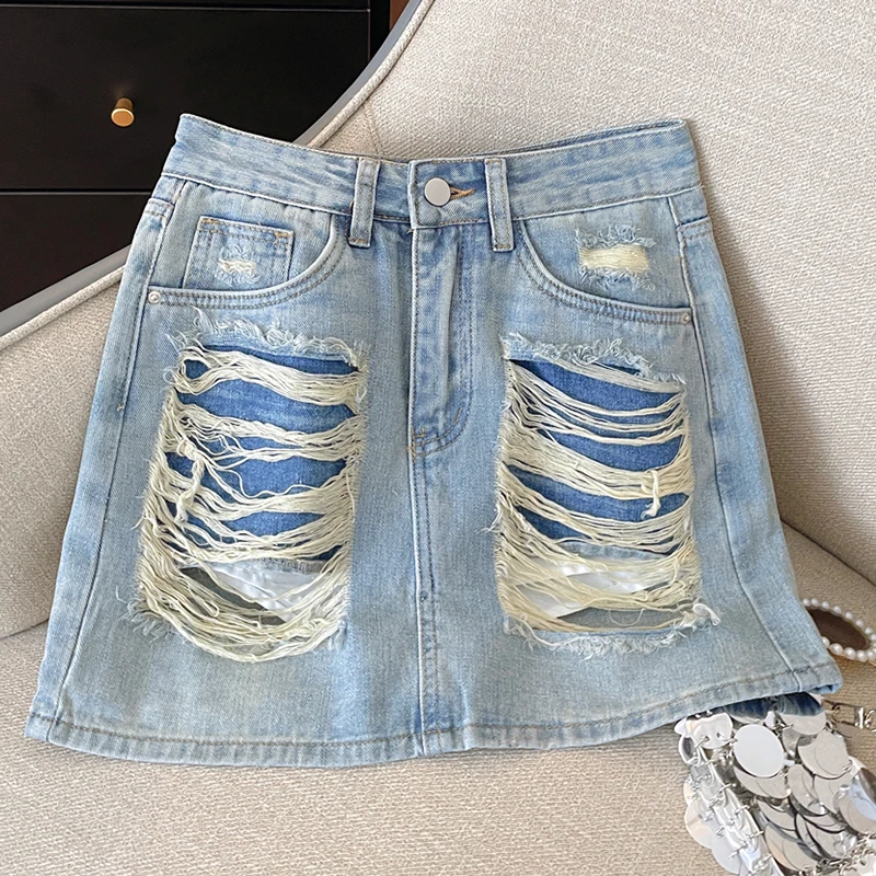 Sexy Short Mini Skirts with Shorts WOmen Summer Beach Hollow Out Ripped Tassel Denim Skirts Y2K Goth Jean Skirt High Waist Saias