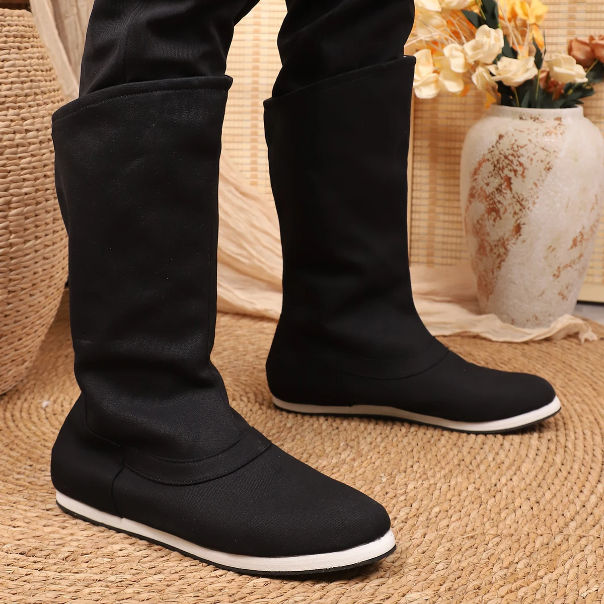 Botas Hanfu, Unisex, Suela de Mil Capas, Estilo Antiguo, Zapatos con Punta Elevada y Tacón Interno, Botas Retro a Media Pantorrilla