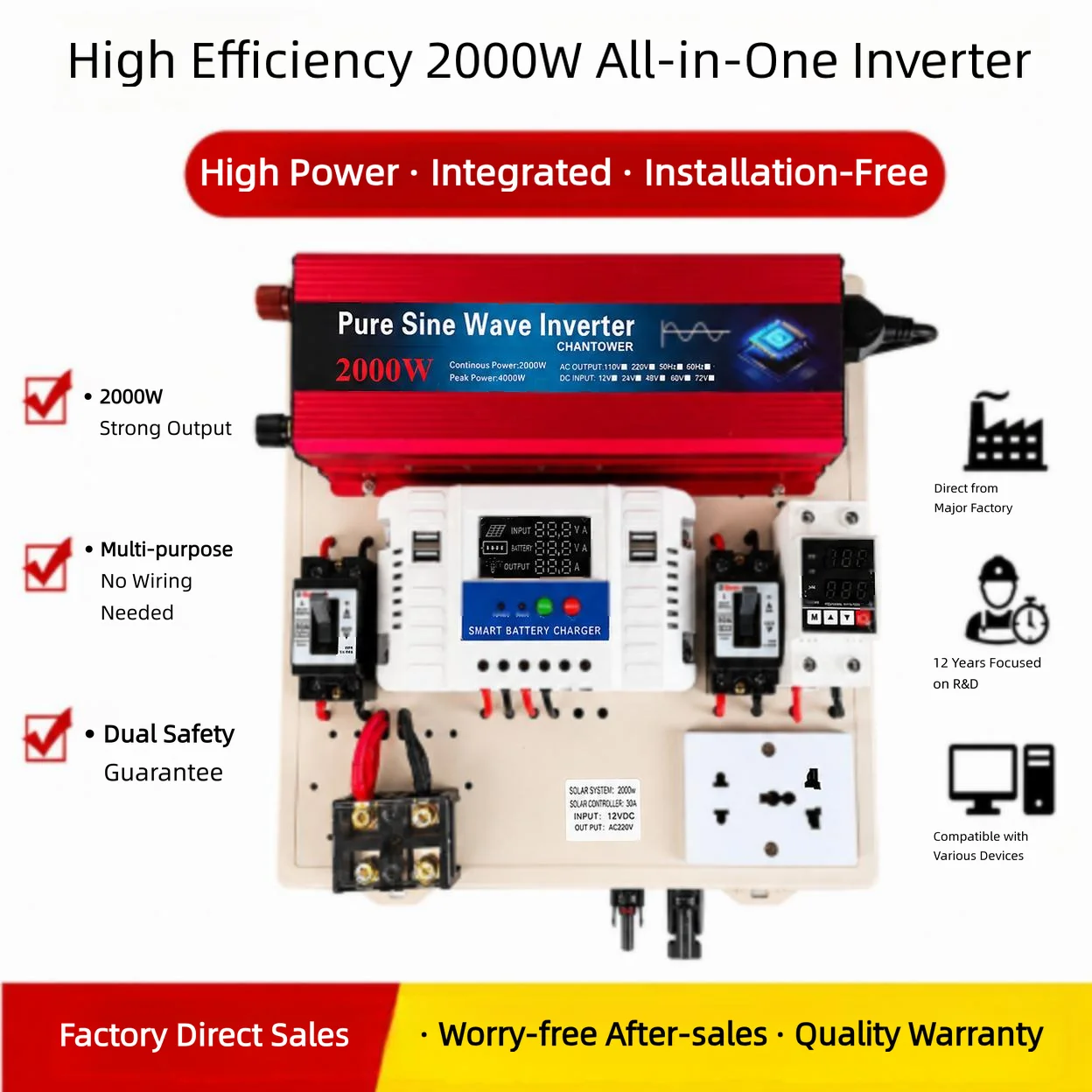 2000W Solar Hybrid Inverter Charger All in One 12V 24V Auto MPPT Solar Charge Controller for Off Grid Home RV System