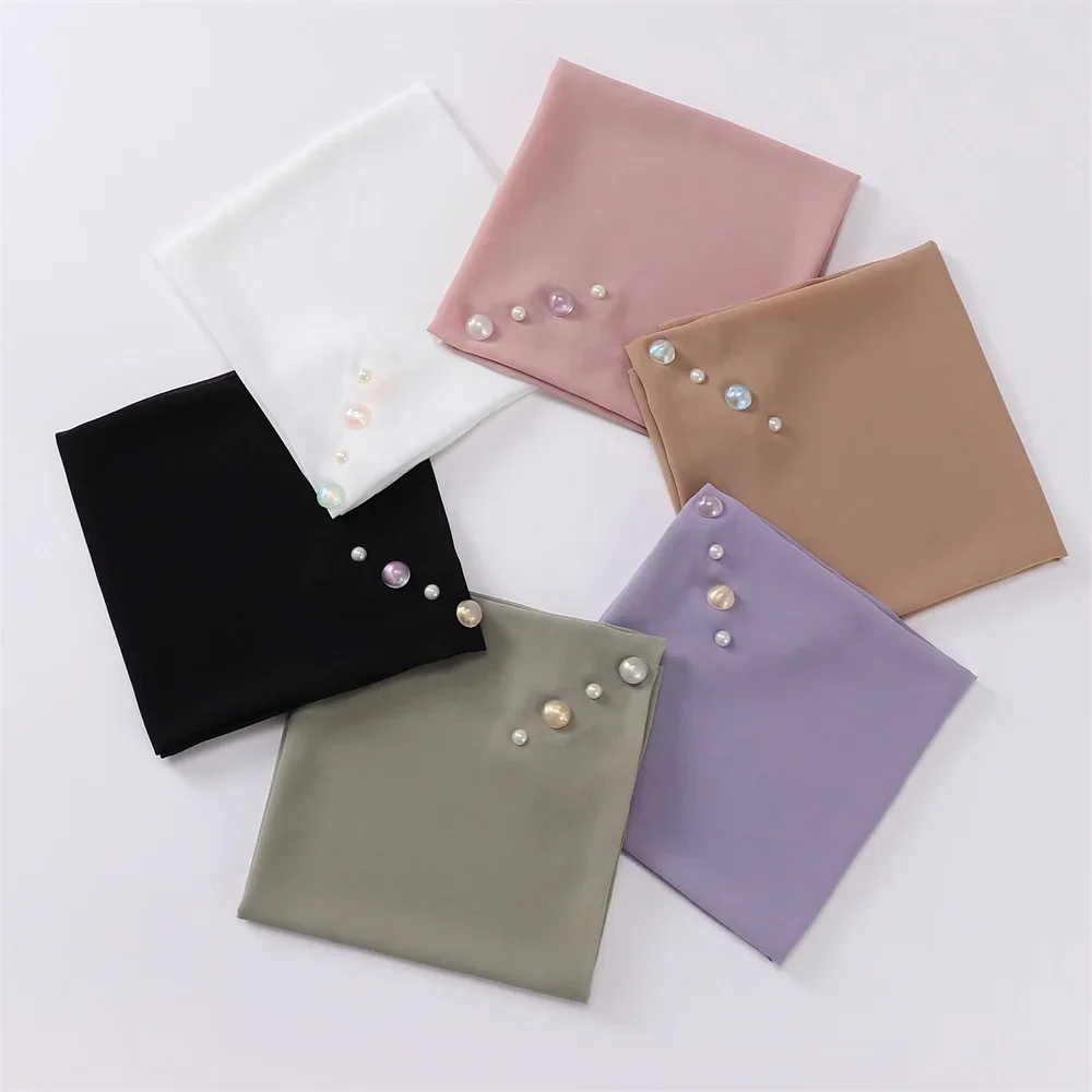 90cm Candy Pearls Chiffon Tudung Hijab Bawal New Design Square Scarf Shawl Muslim Women Fashion Turban Hijab With Accessories