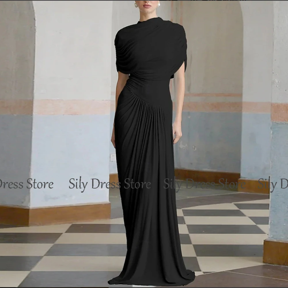 Sky Blue Evening Dresses 2025 Spandex Sheath/Column Prom Dress High Collar Pleat Cap Sleeve Valentine's Day Long Gown image 6