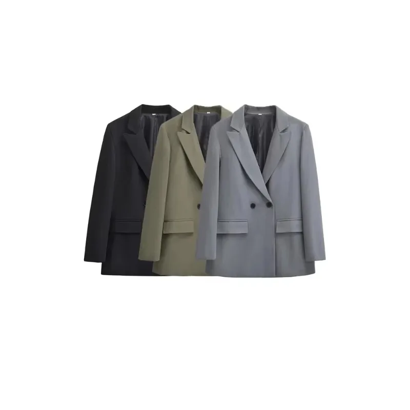 

Women's Double Breasted Office Wear Blazer Coat, Long Sleeve, Flap Pockets, Female Outerwear, Chic Tops, Fashion