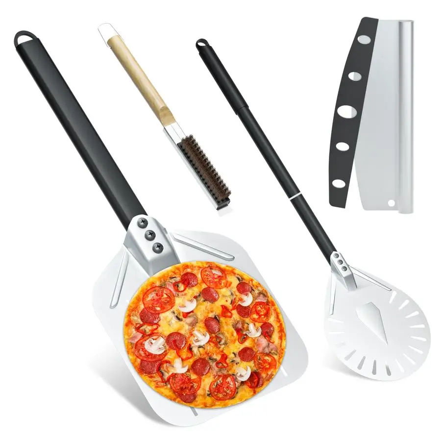 

4PCS Pizza Oven Accessories, 12 Inch Perforated Pizza Peel, 9 Inch Round Turning Peel, Pizza Stone Cleaning Brush with Scraper,