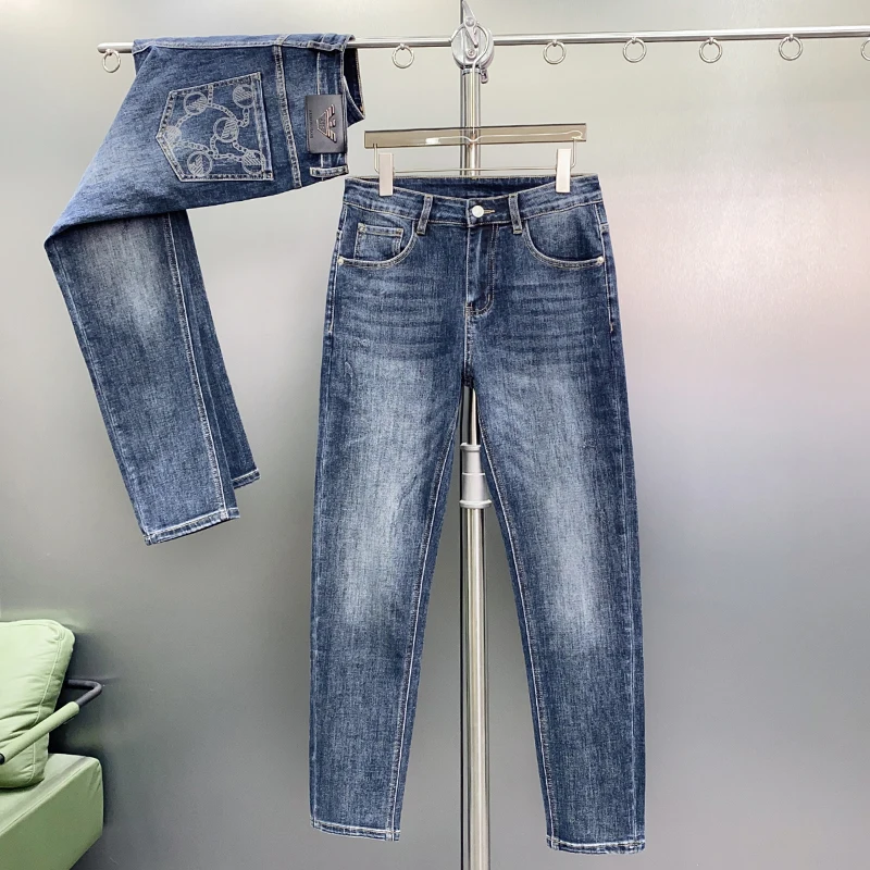 Light luxury high end new men's jeans fashionable straight fit elastic comfortable cotton wash designer casual blue denim pants