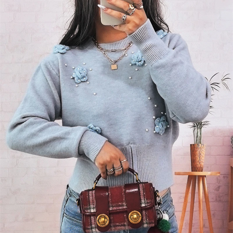 

Elegant Round Neck Commuter Sweater Fashion Dimensional Flower Pearl Pullover Jumper Women Casual Long Sleeve Slim Knitted Tops