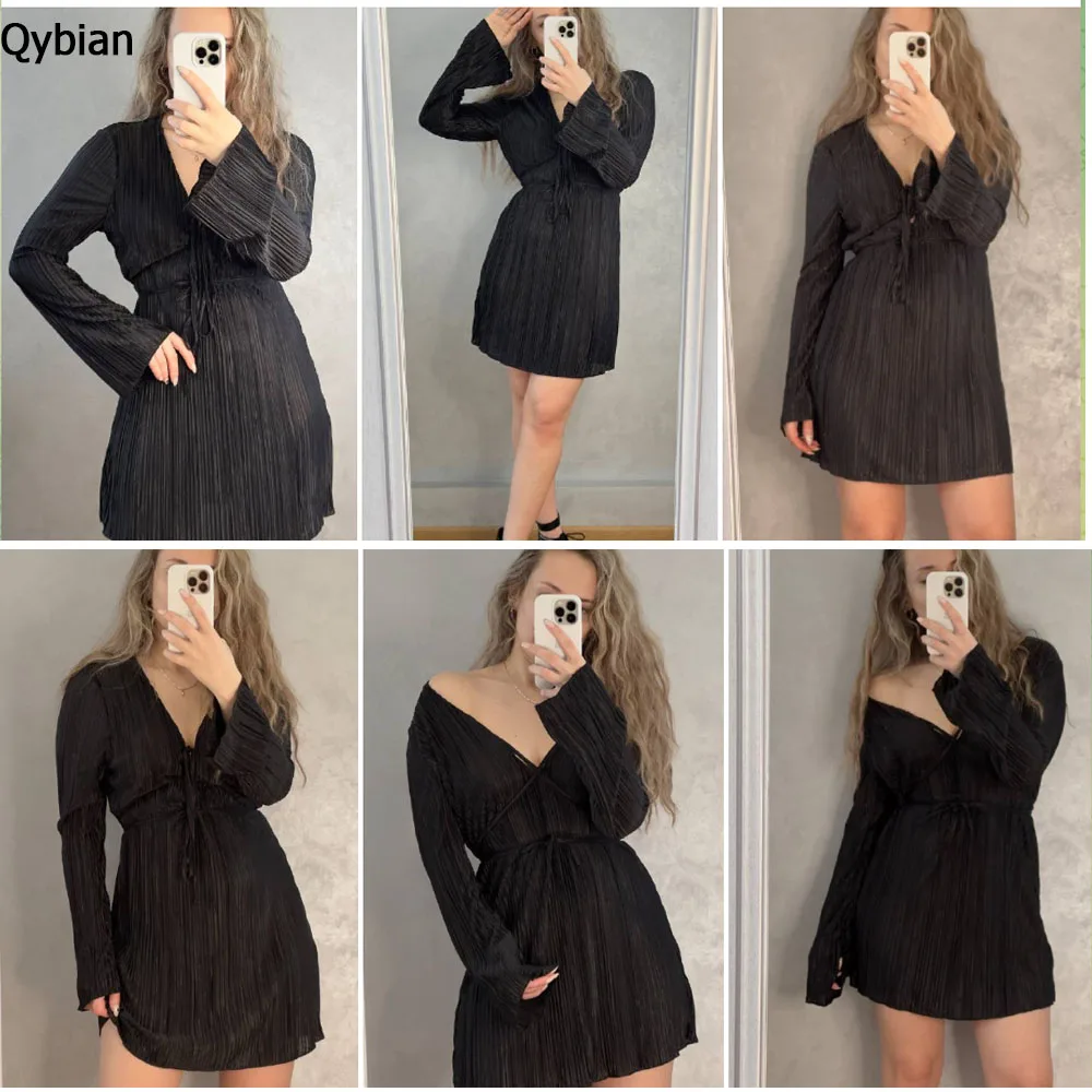 2024 Elegant Bodycon Dress for Women Solid V Neck Summer New Slim-fit Lace-up Dress Flare Sleeve Party Club Evening Dress Sexy