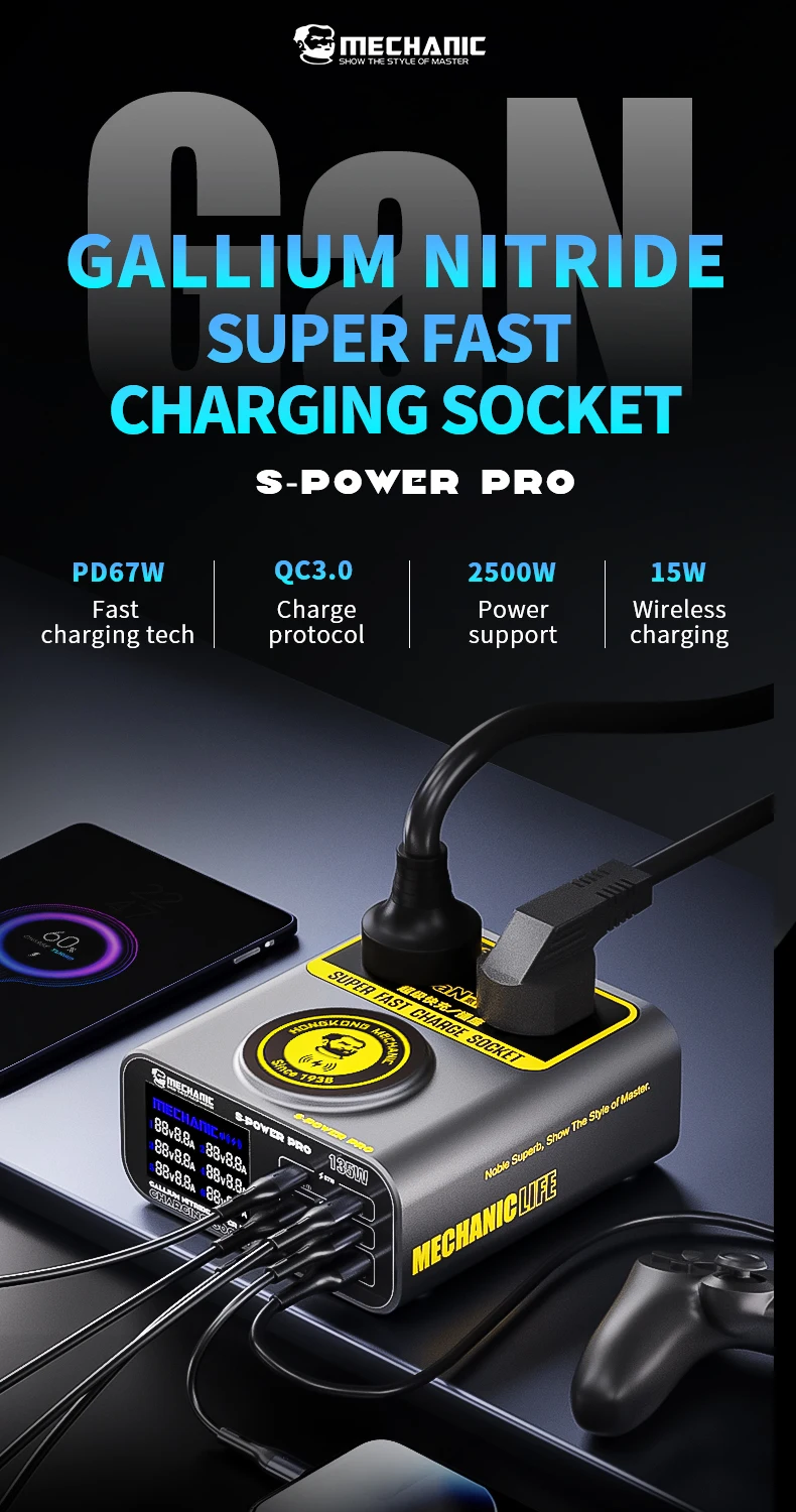 MECHANIC S-power Pro QC3.0 PD67W Fast charging Tech With LCD Digital Display Multi-Port Charger For Laptops Phone Camera Pad etc
