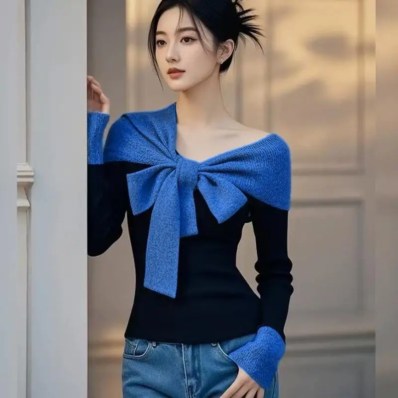 Hot 2025 Autumn Winter New Women Fashion Fake Two Piece Bow Knitted Sweater Light Luxury Design Super Beautiful Knitted Sweater