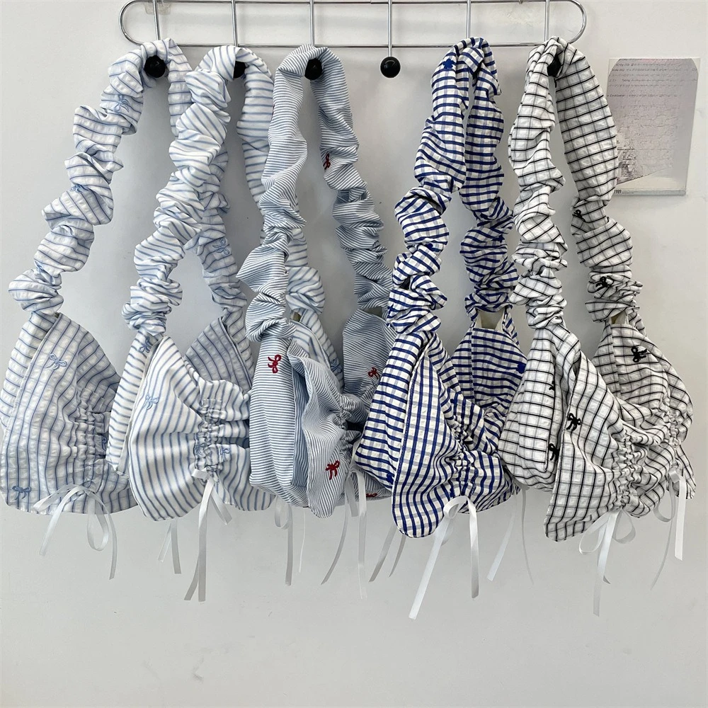 

Полосатая клетчатая холщовая сумка на плечо, новая женская сумка через плечо большой емкости, сумка через плечо с бантом и цветочной вышивкой, сумки на плечо