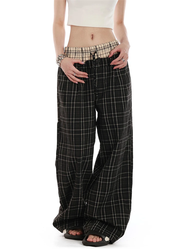 Women's Splicing Grid Wide-Leg Pants Street Girls Bottoms Hip-hop Trousers Female High Waist Black Sweatpants