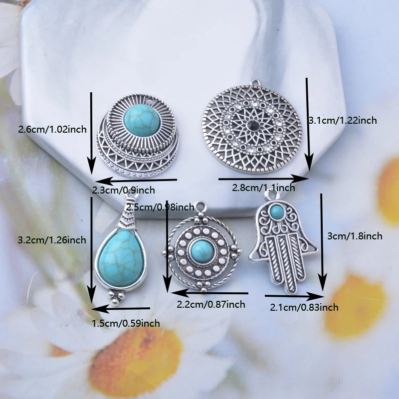 10pcs Antique Silver Color Alloy Imitation turquoise stone Round Connector Heart Water Drop  Leaf Charms Jewelry Pendants