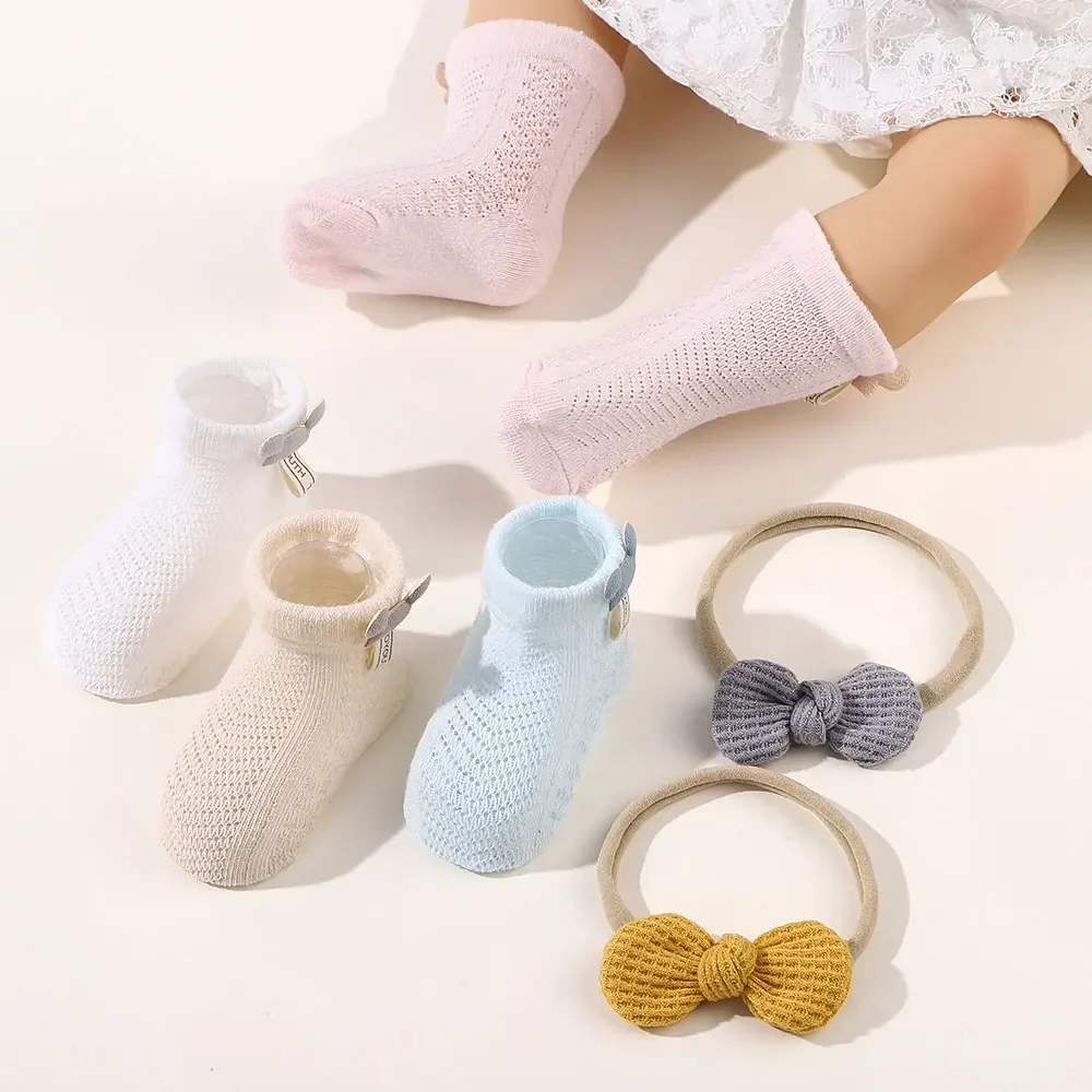 Conjunto de calcetines suaves para bebé y niña, medias transpirables de algodón sólido, lazos bonitos, ropa para niña pequeña