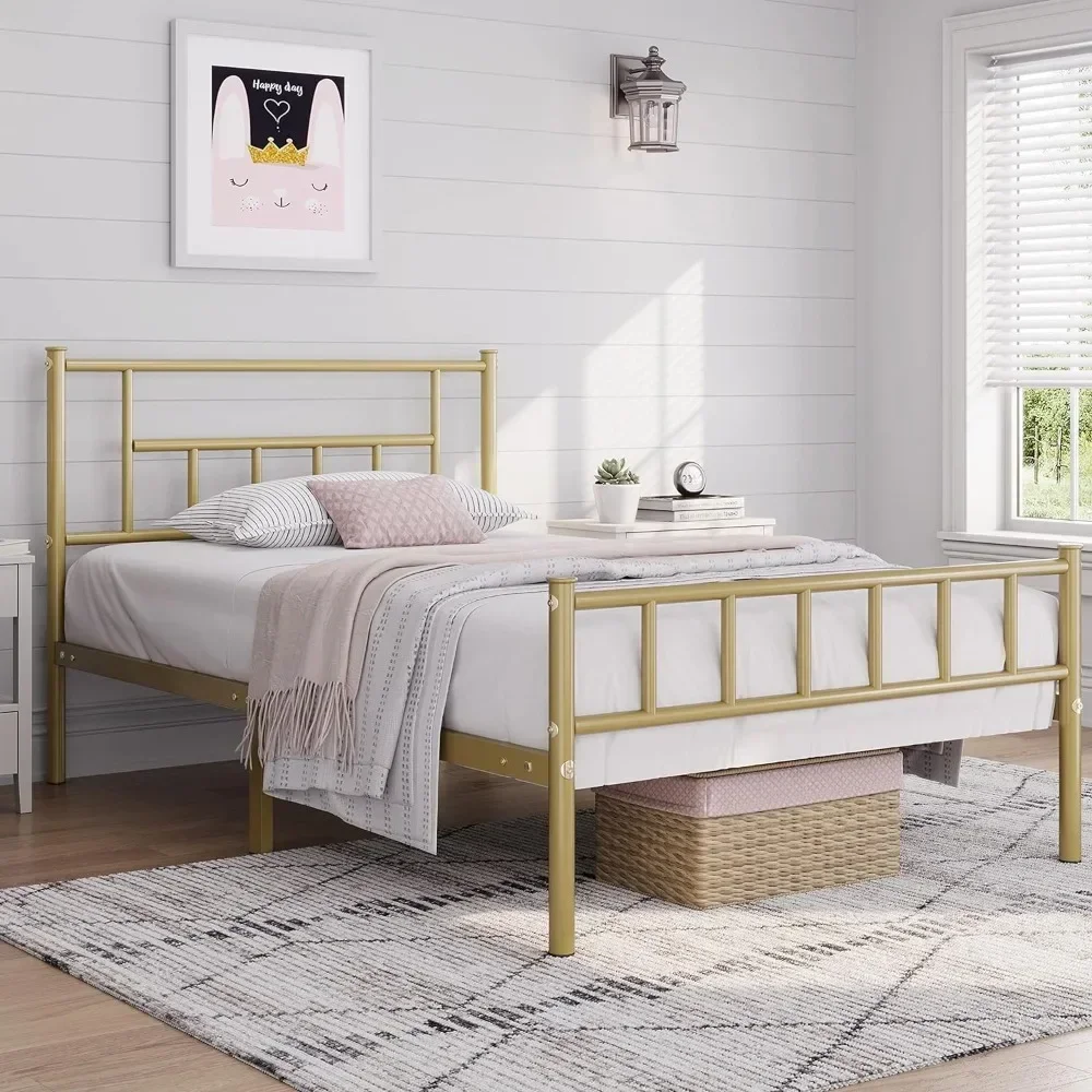 13 inch Twin XL Size Metal Bed Frame with Headboard and Footboard Platform Bed Frame with Storage No Box Spring Gold