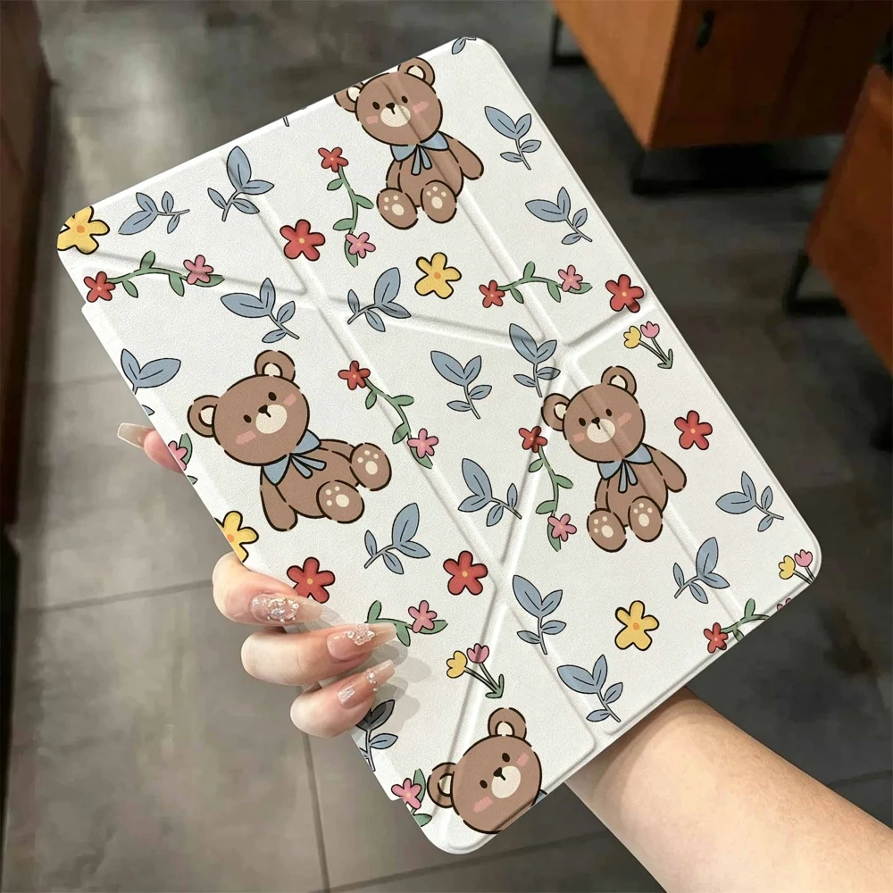 Kawaii Teddy Bear Floral For iPad Pro 11 12.9 13 A16 M2 M4 M3 M5 Shell 9.7 10.2 5/6/7/8/9/10/11th Mini Air 3 4 5 6 Cover