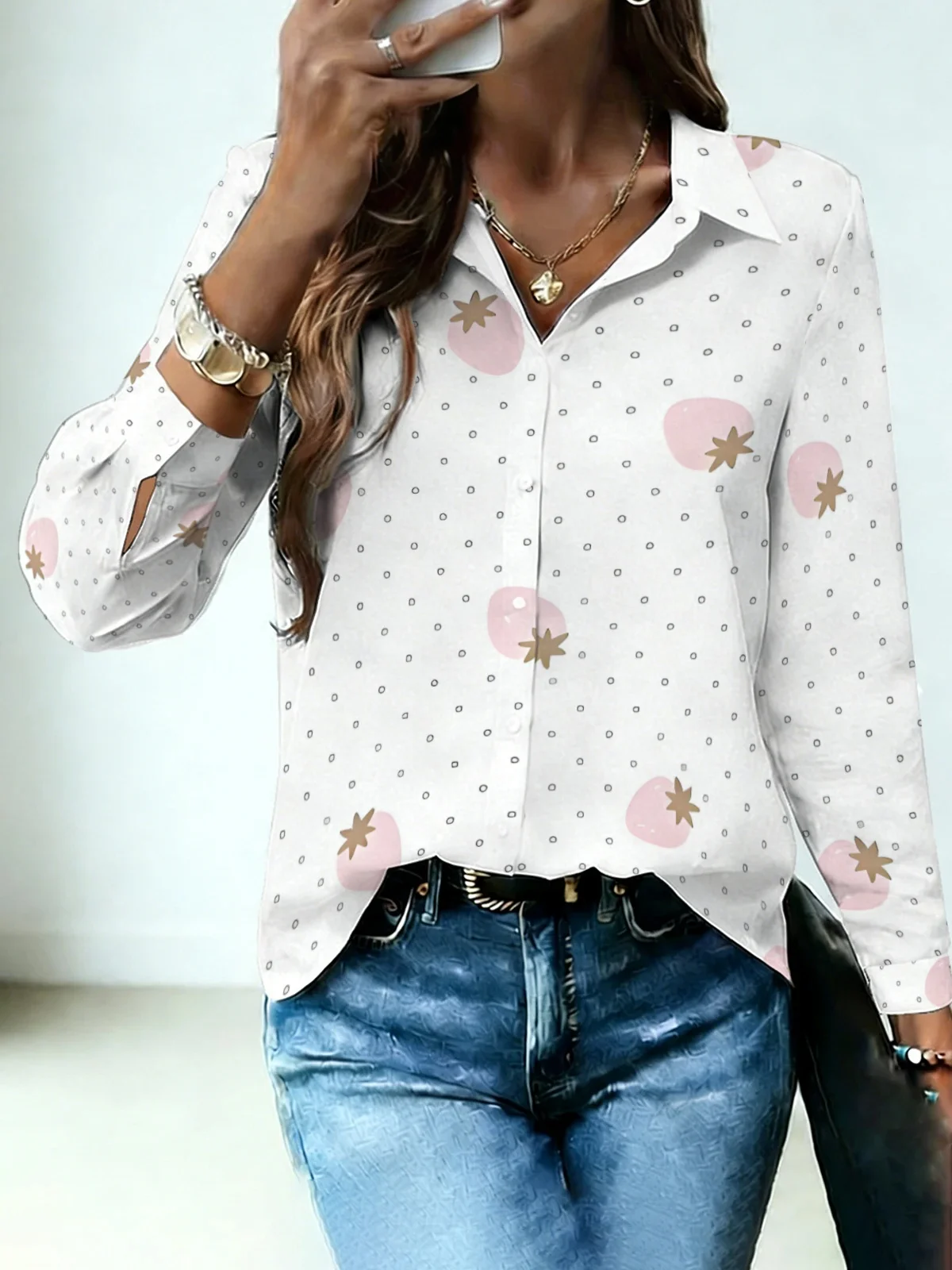 Soft Girly Peach Star Pattern Womens Collared Shirt All Over Mini Polka Dot Print Long Sleeve Dating Top