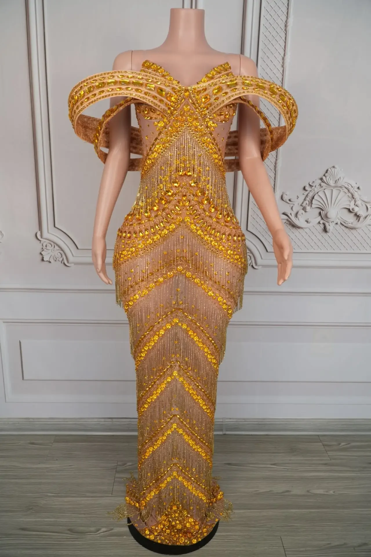 Glitter Gold Evening Dress Sexy Rhinestone Party Off Shoulder Chain Long Dress Gogo Clubwear Singer Stage Photoshoot Costume