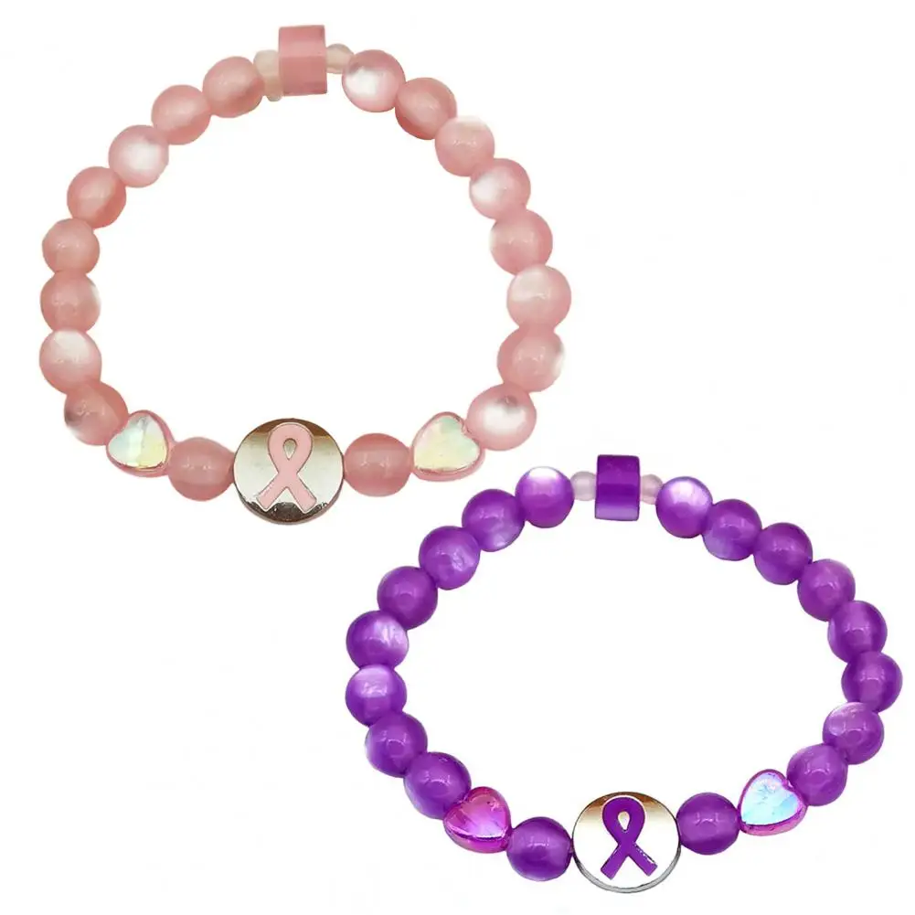 Breast Cancer Awareness Bracelets Ribbon Charm Beads Elastic Bracelet Encouragement Delicate Beaded Jewelry for Charity