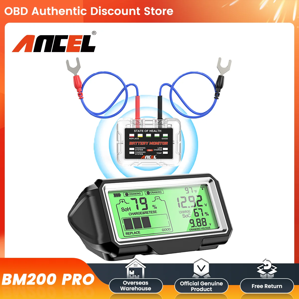 ANCEL BM200 PRO 12V LED Battery Tester Monitor Head-Up Display Charging Tester Tool Battery Health Analyzer IPX67 Waterproof