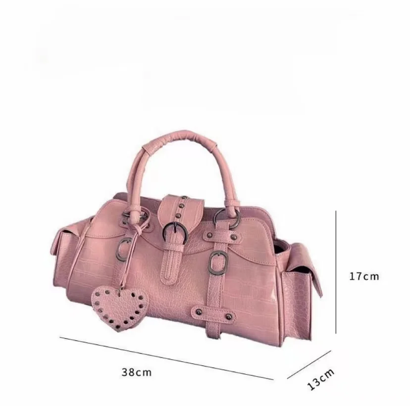 2022 Retro Vintage Y2K Handbags Womens Crocodile Pattern Leather Gothic Rivet Female Shoulder Bags Pink Crossbody Bags Big Tote