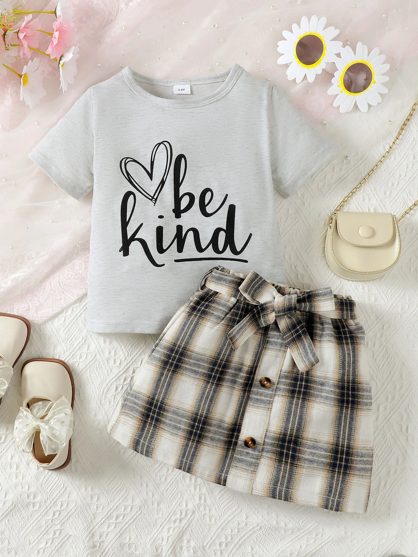 Summer Gray Simple Set Letter Round Neck Short-Sleeved T-Shirt Shirt Waist Belt Plaid Skirt Casual Girl Children's Clothing