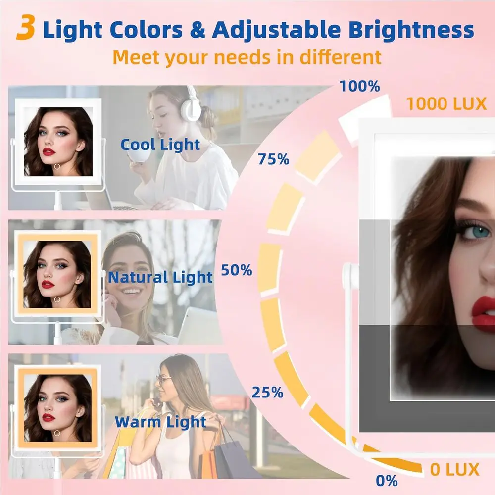 مرآة زينة LED بارتفاع قابل للتعديل مع بطارية 4000 مللي أمبير في الساعة، تكبير 1X/10X، 3 ألوان فاتحة، و360 ° دوران (أبيض) #3