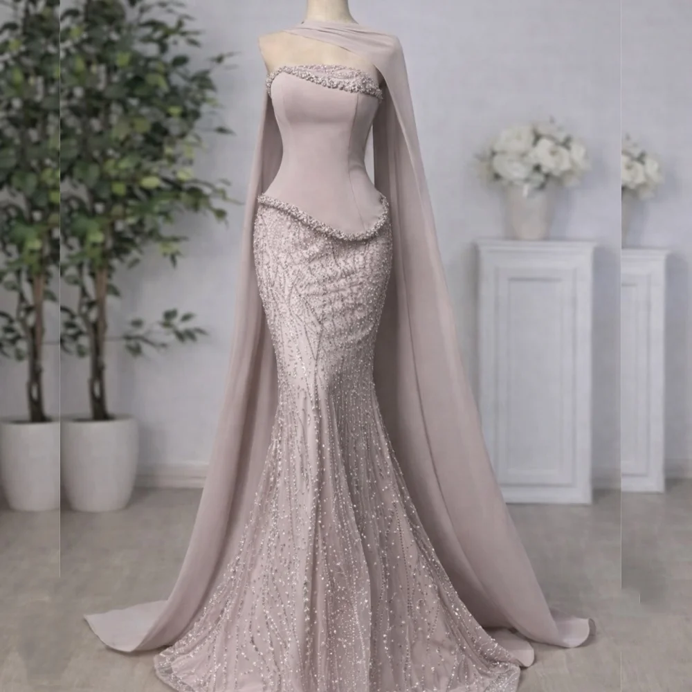 Maßgeschneiderte, exquisite, glitzernde formelle Abendkleider, langer Schal, Meerjungfrauen-Stil, bodenlanges Hochzeitskleid mit Strass, hohe Qualität