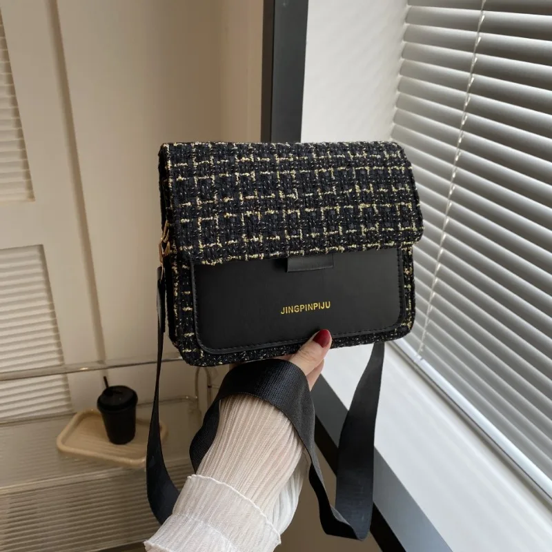 Autumn Casual Houndstooth Retro Crossbody Bag New Trendy Casual Wide Strap Hand-held Shoulder Bag Small Square Crossbody Bag