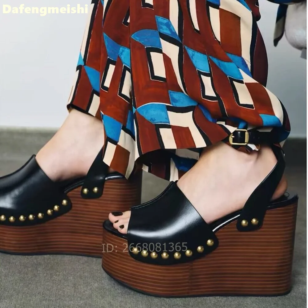 Women Black Leather Rivet Trim Wooden Wedge Heel Platform Sandals Ankle Buckle Open Toe Retro Summer Shoes Size 35-42