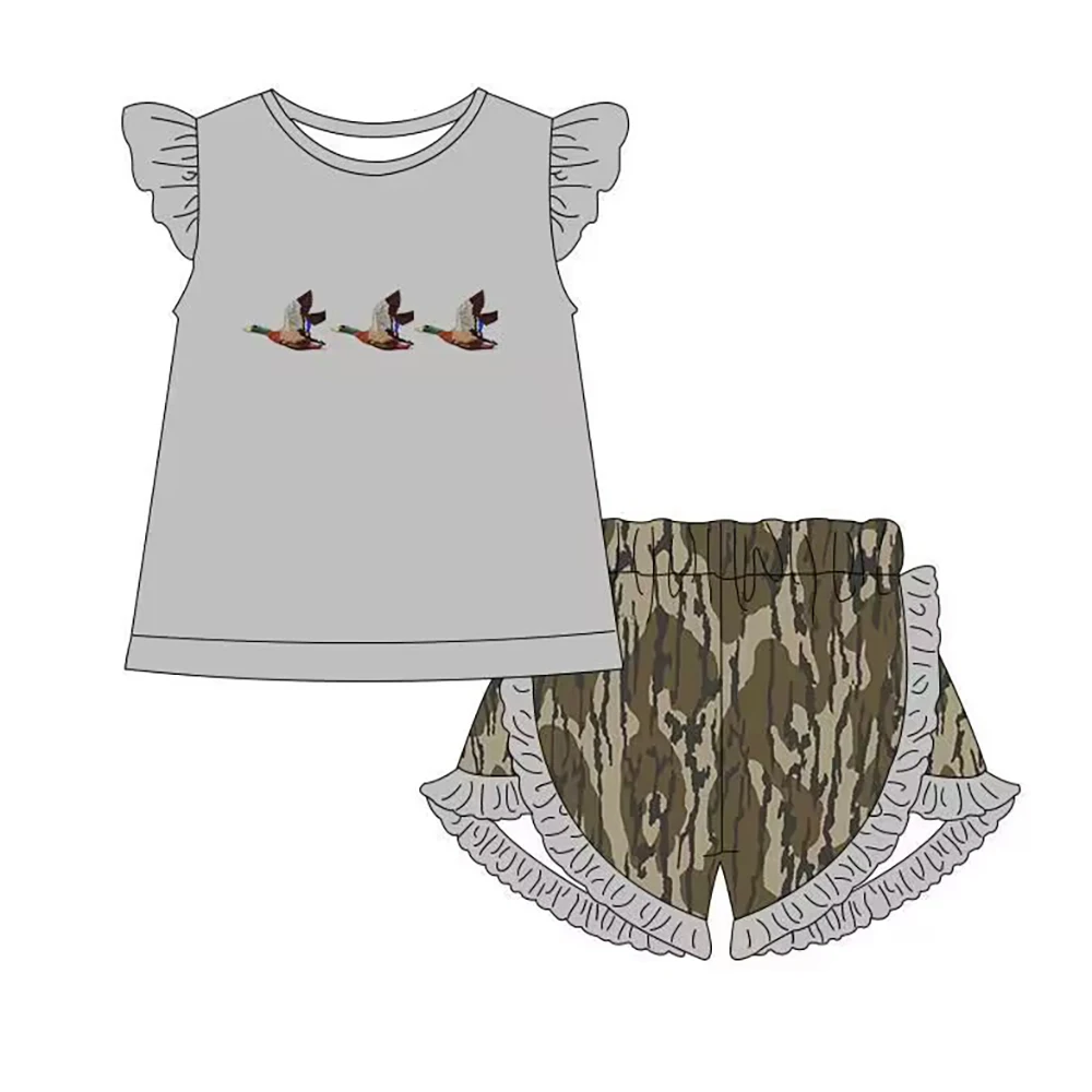 

Hot selling children's clothing boutique Dayan little girl small sleeve shorts ruffle suit infant branches set