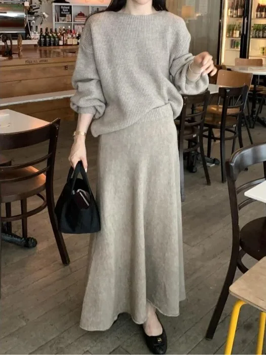 

Chic Autumn Winter Knitted Long Sve Soft Cozy Sweater Skirt Set Women's Faion Comfortable Two-Piece Outfit f-length S...