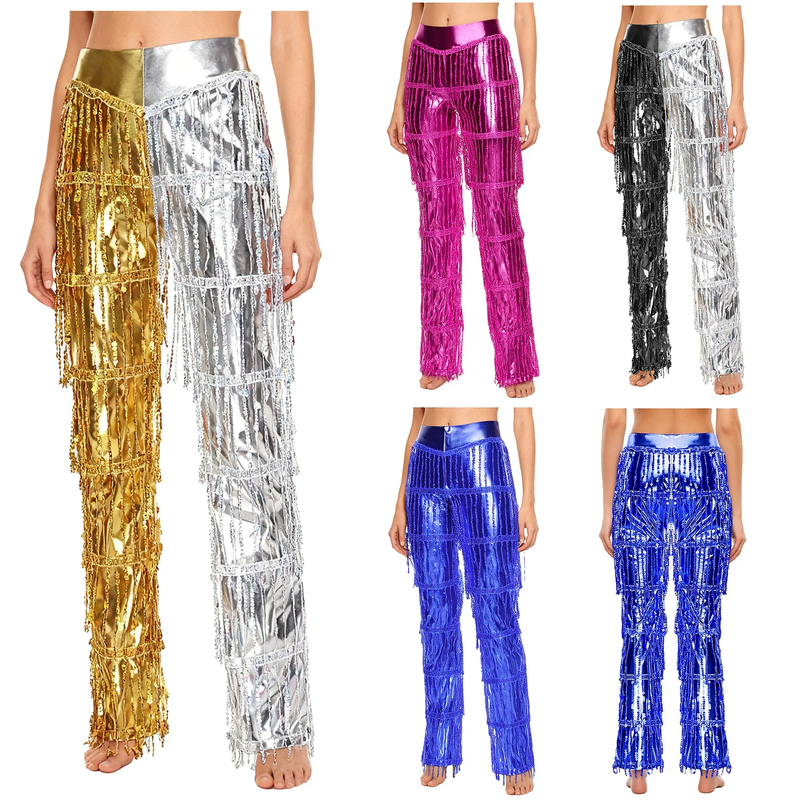Pantalones de baile disco de los años 70 para mujer, pantalones largos metálicos con franjas de lentejuelas y borlas, pantalones para baile latino de Tango, Salsa