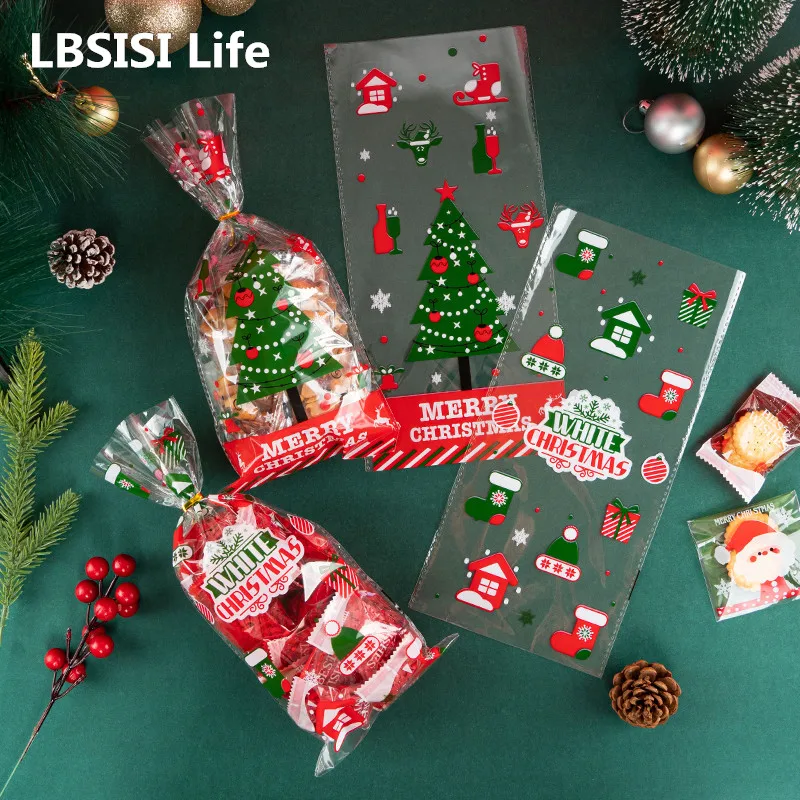 LBSISI Life 50pcs Transparent Christmas Plastic Cookie Bags For Candy Nougat Packaging Pouch New Year Party Kids Favor Navidad