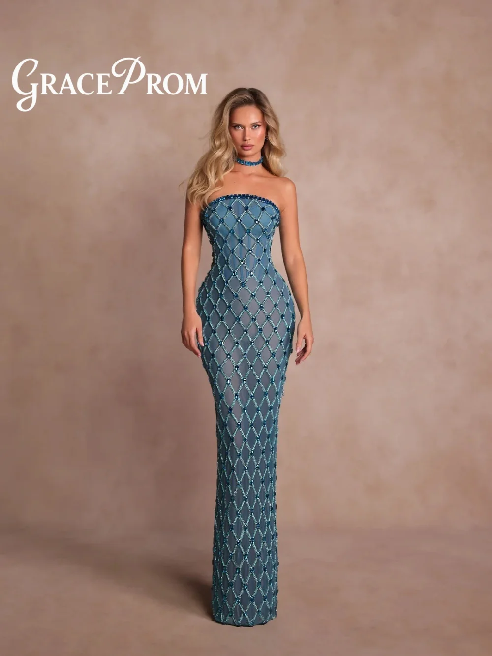 

GraceProm Luxurious Mermaid Evening Dress Crystal-Embellished Carpet Gown Trendy A-Line Floor-Length Party Gown robes de soirée