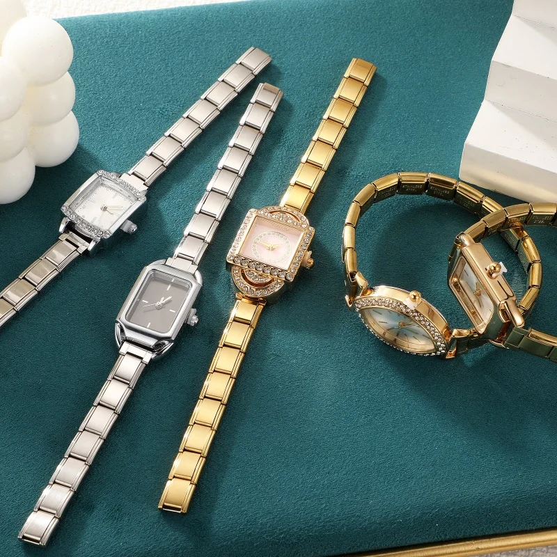 New Vintage Shiny Zircon Watch Dial High Quality Stainless Steel Square Watch Bracelet Bangle for Friend Birthday Jewelry Gifts