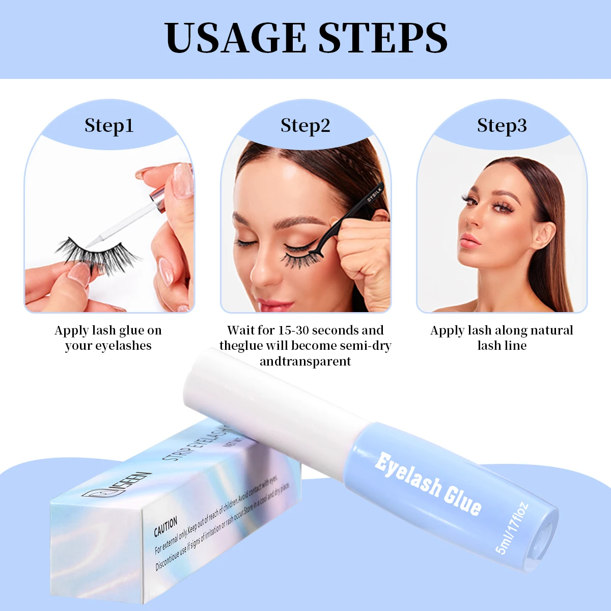 Tira adhesiva para pestañas, adhesivo para pestañas de sujeción fuerte, resistente al agua, pegamento para pestañas de larga duración de 48 horas, sin látex, hipoalergénico (paquete de 5)