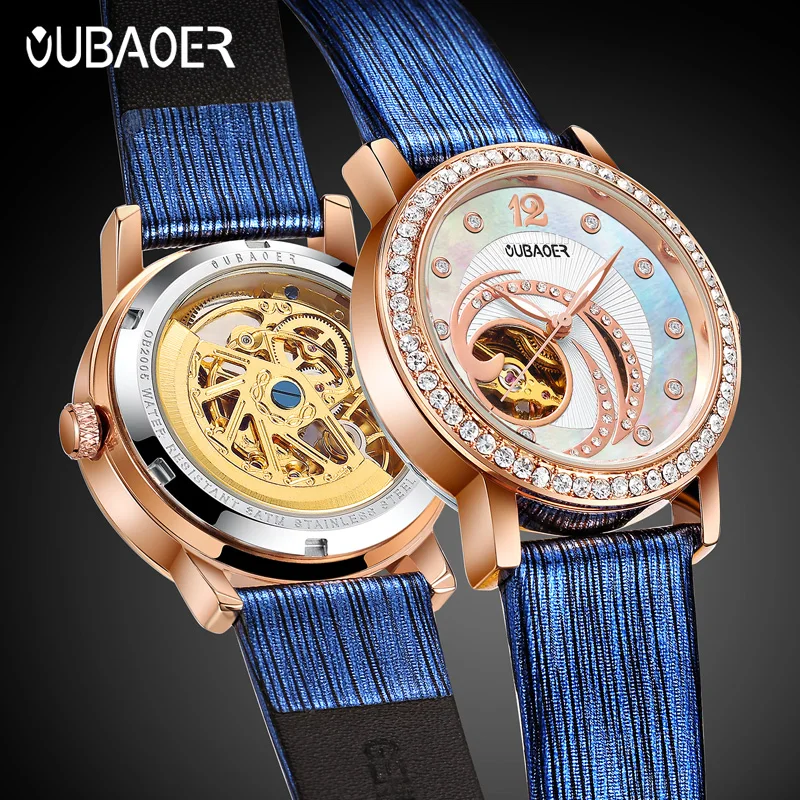 OUBAOER Delicate Skeleton Mechanical Wristwatch Feminine Elegant Appearance Skinfriendly Genuine Leather Strap Waterproof Clock