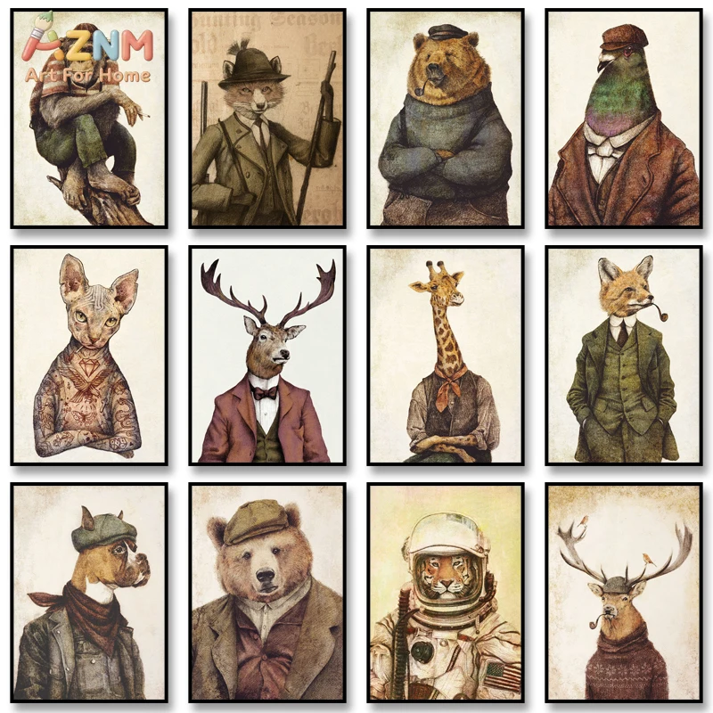 AZNM Vintage Anthropomorphic Animal Frameless Canvas Wall Art, Retro Gentleman Creature Print Poster for Living Room Decor