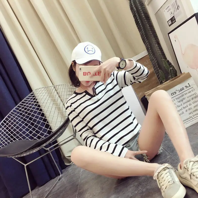 Long Sleeve Striped Contrast Youth Street Casual Tops Spring Autumn V Neck Loose Vintage T Shirts Trend Fashion Women Clothing