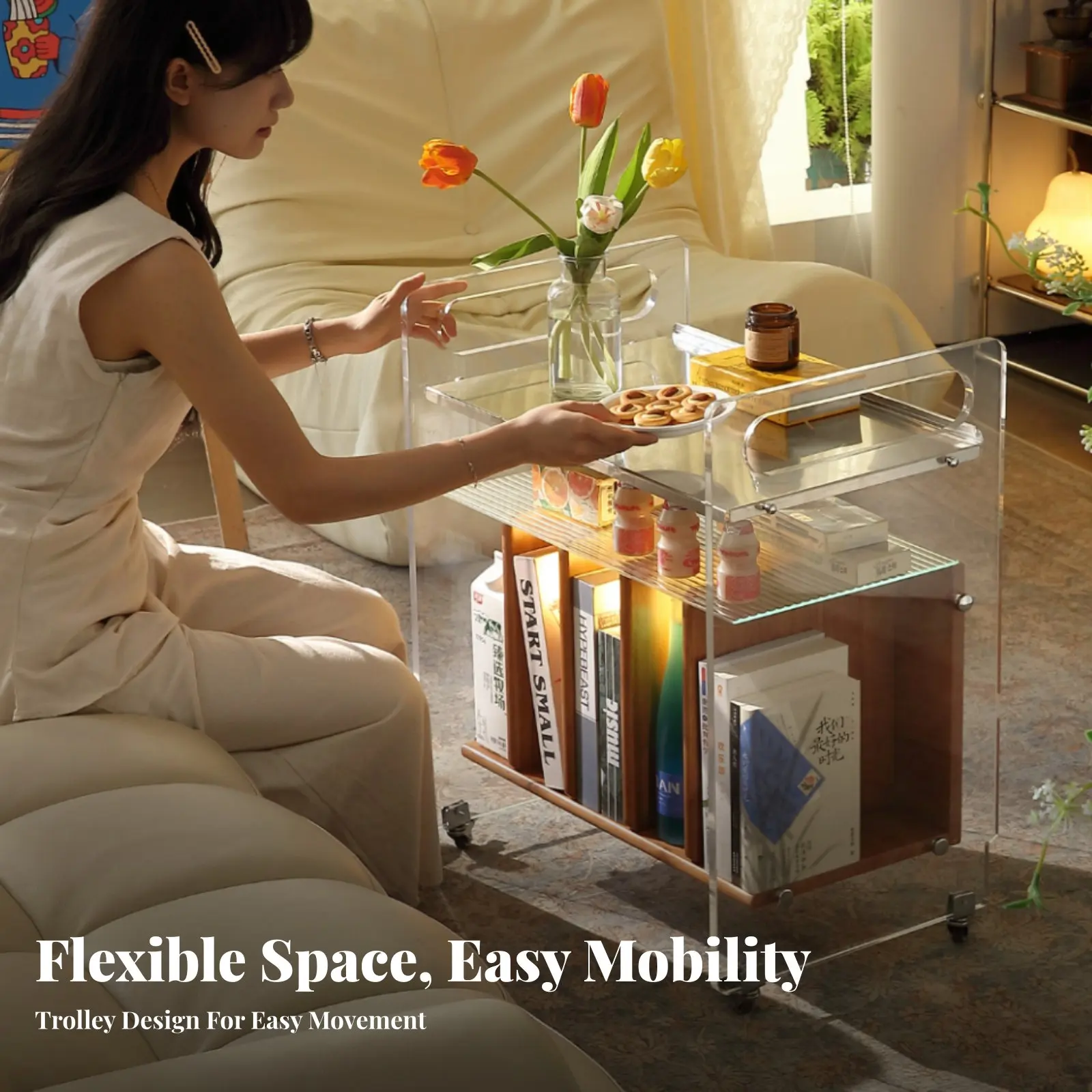 Mueble para tocadiscos con almacenamiento para discos de vinilo, diseño móvil de 2 niveles, mesa para discos de audio, construcción robusta multifuncional