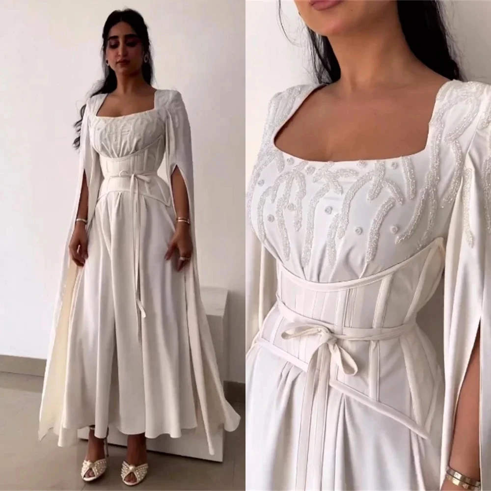 Vestido de graduación blanco para mujer, traje de moda hasta el tobillo, cinturón con cuentas, cuadrado, Arabia Saudita, vestidos de novia formales, vestidos de noche, 2024