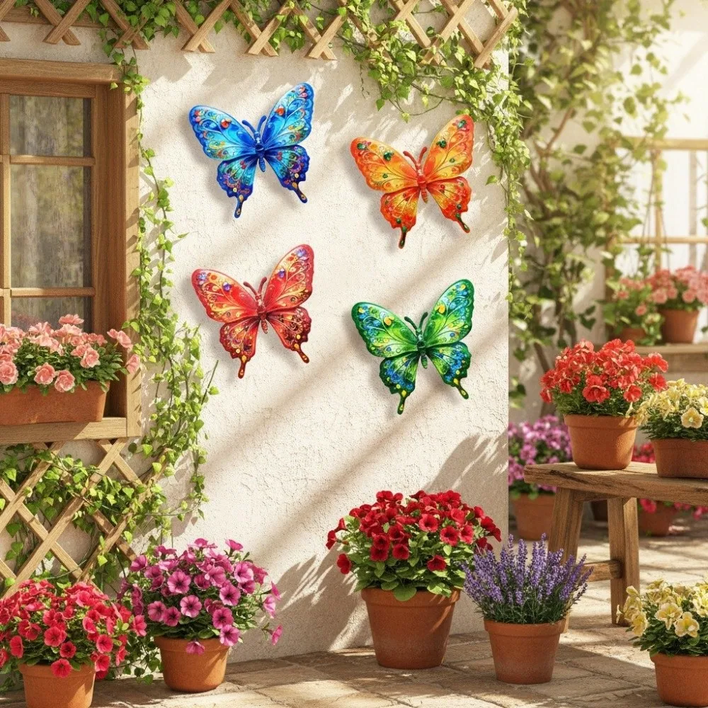 Colorful Butterfly Wall Art Decor Wall Decor Garden Decorations Outdoor Sculpture With Tool-Free Hook Metal Butterfly Yard